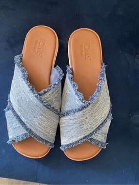 Toms Denim Crisscross Slide Sandals with Tan Footbed